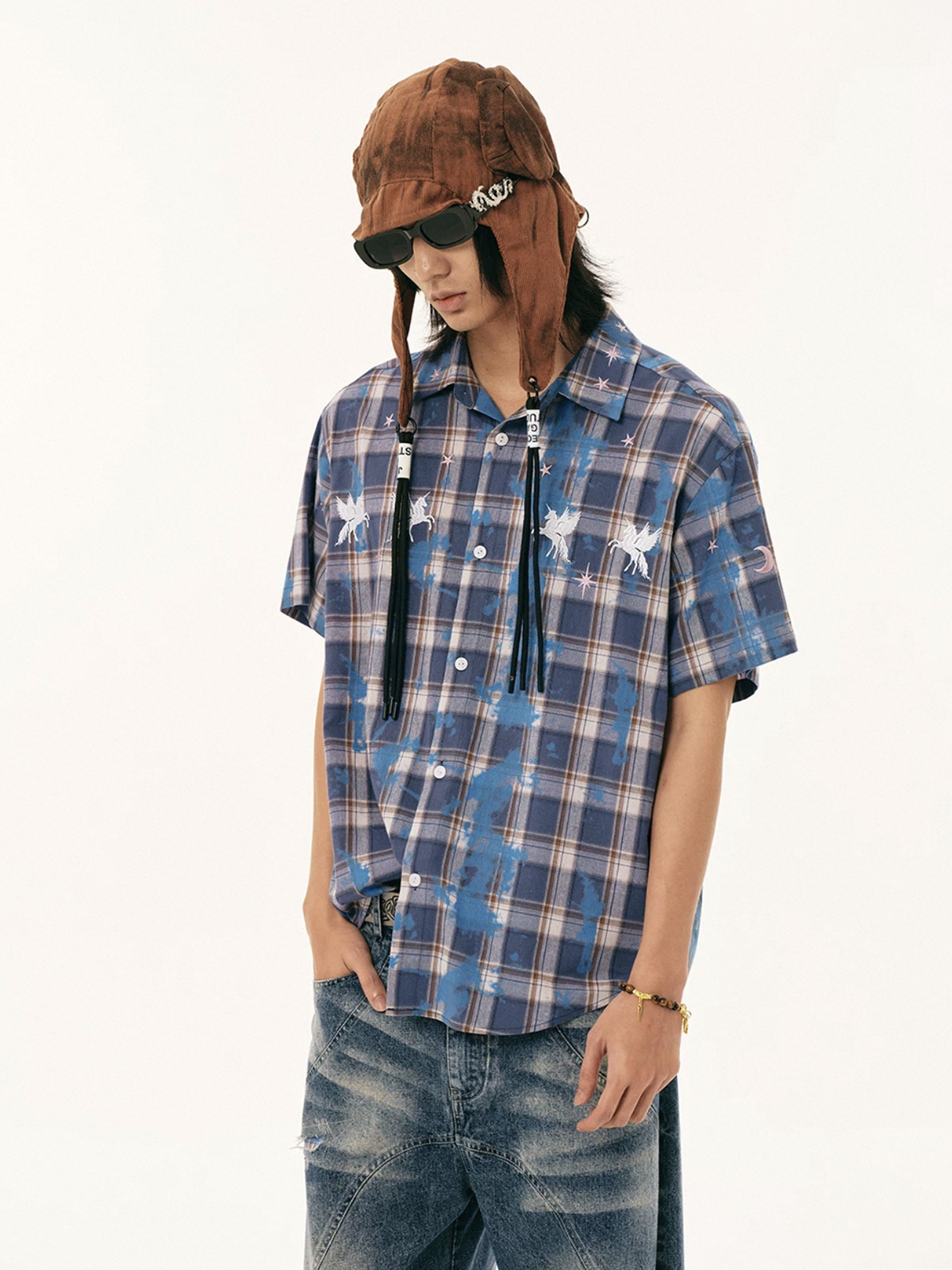 Brick Lane Baggy-fit Check Short Sleeve Shirt -- Blue