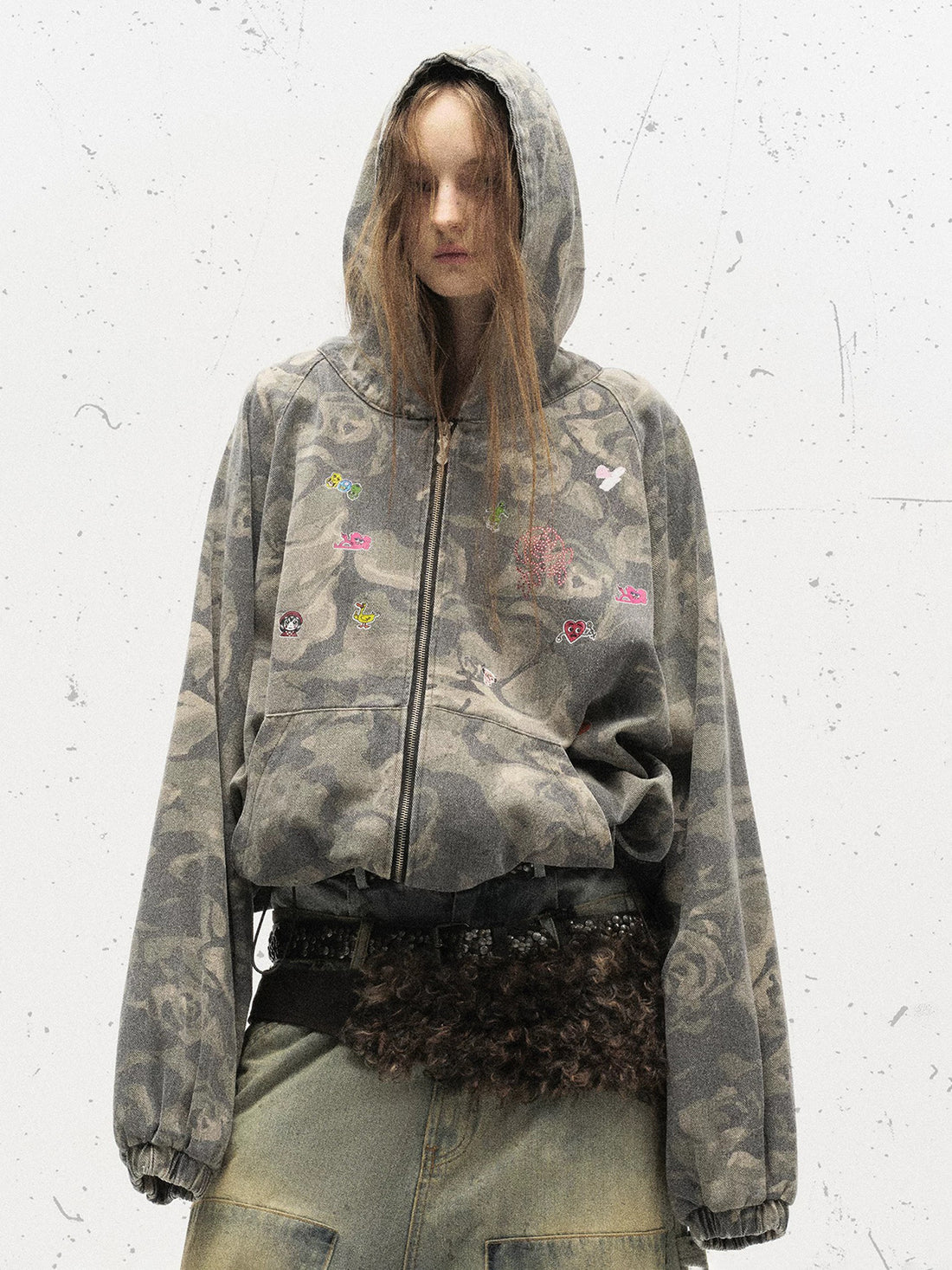 Brick Lane Baggy-fit Contrast Camouflage Zip-Up Hoodie -- Green