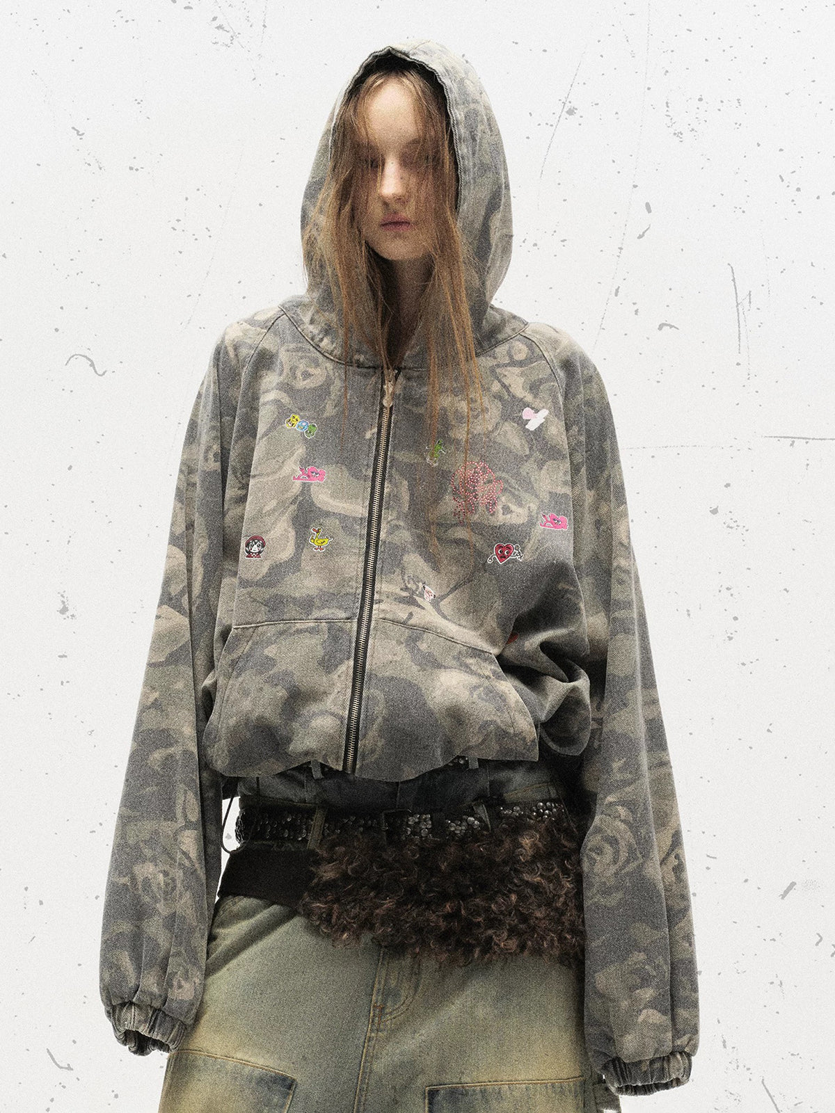 Brick Lane Baggy-fit Contrast Camouflage Zip-Up Hoodie -- Green