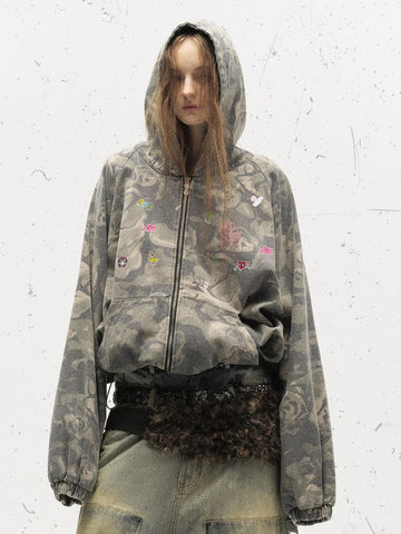 Brick Lane Baggy-fit Contrast Camouflage Zip-Up Hoodie -- Green