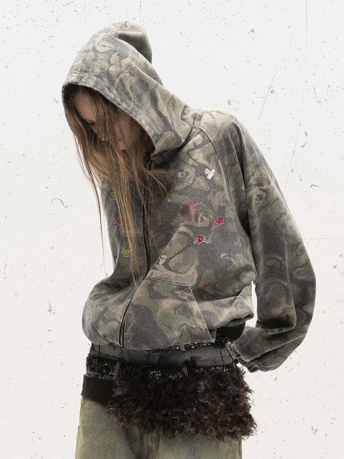 Brick Lane Baggy-fit Contrast Camouflage Zip-Up Hoodie -- Green