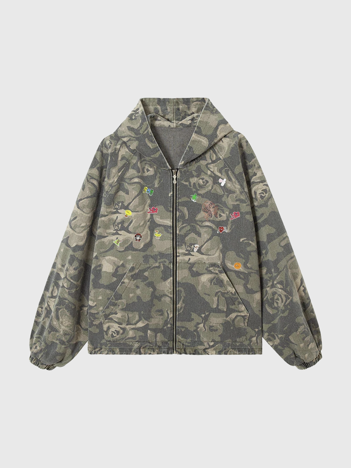 Brick Lane Baggy-fit Contrast Camouflage Zip-Up Hoodie -- Green