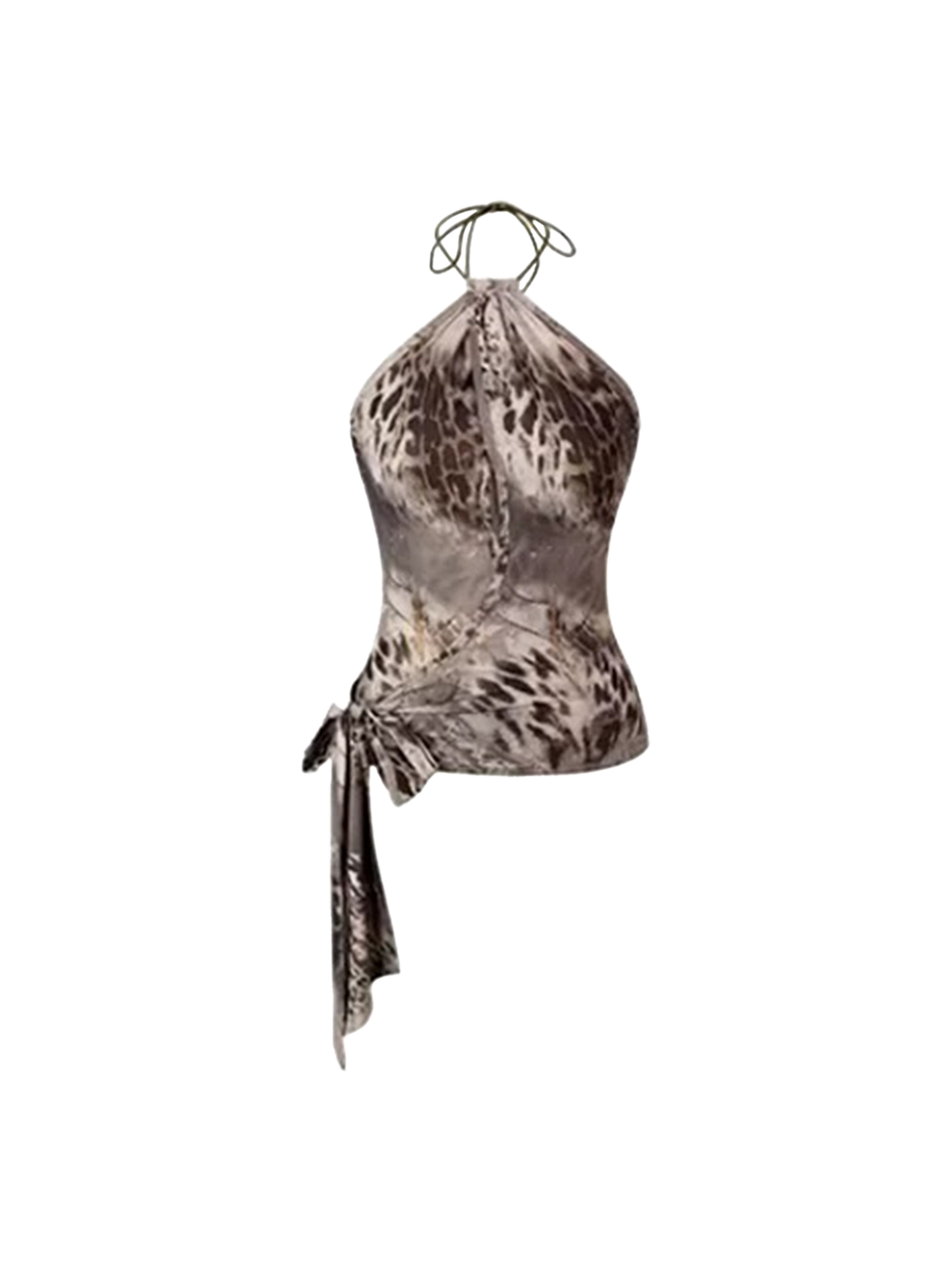 Brick Lane Halter Leopard Print Asymmetric Top -- Brown
