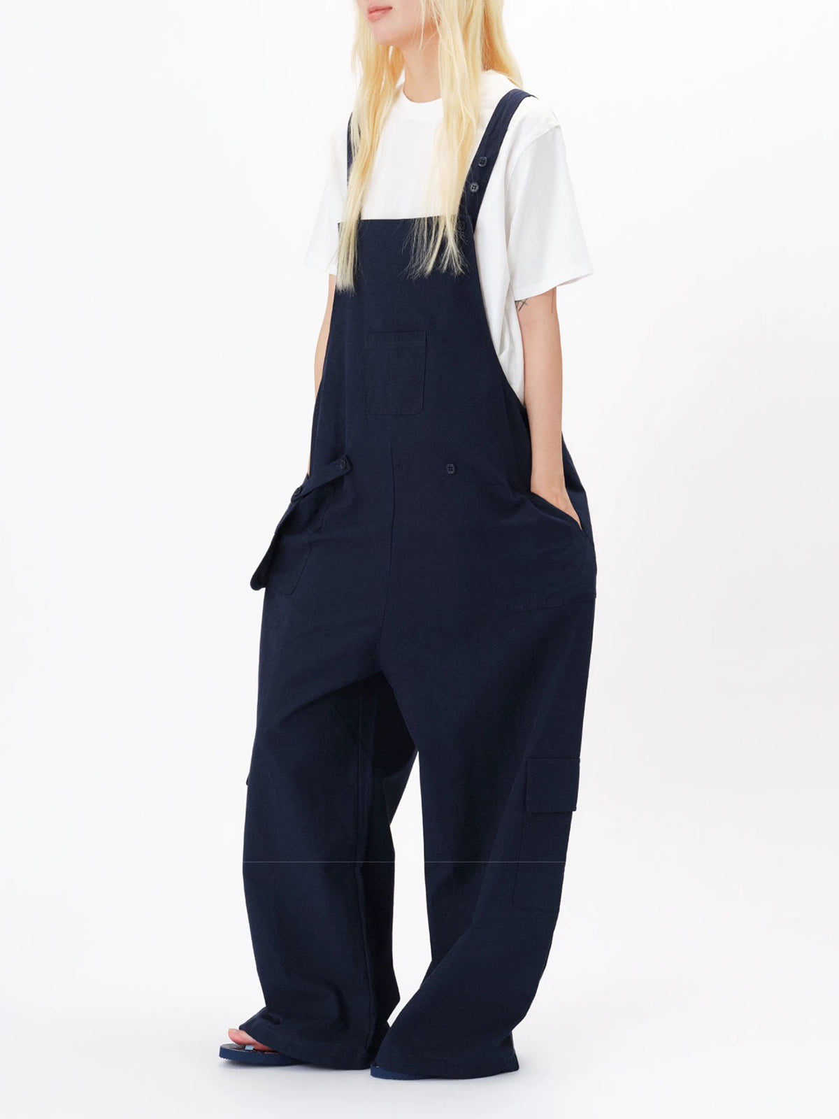 American Club Wide-leg Vintage Denim Strap Jumpsuit - Blue