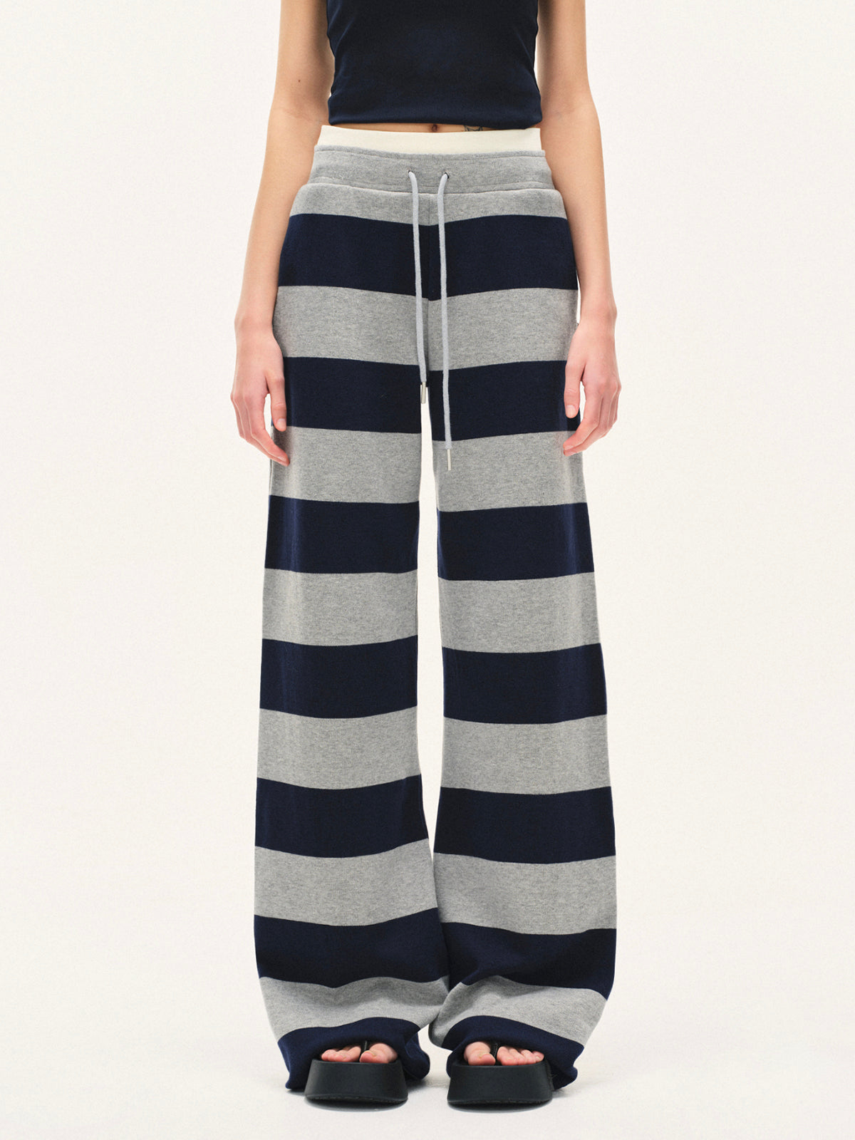 Brick Lane Wide-leg Block Striped Knit Maxi Pants - Grey