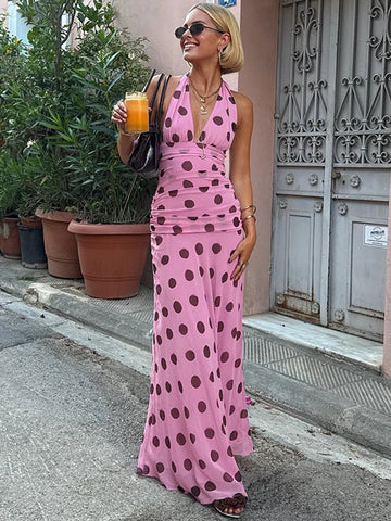 Dolled Office Halter Dot Maxi Dress - Pink