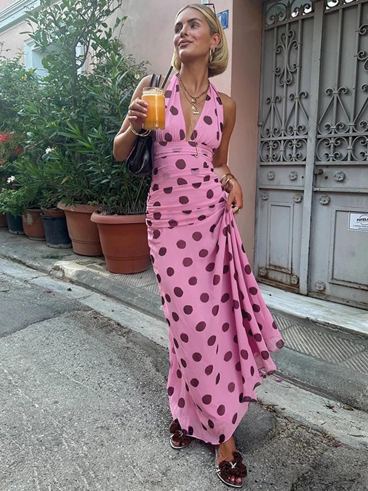 Dolled Office Halter Dot Maxi Dress - Pink