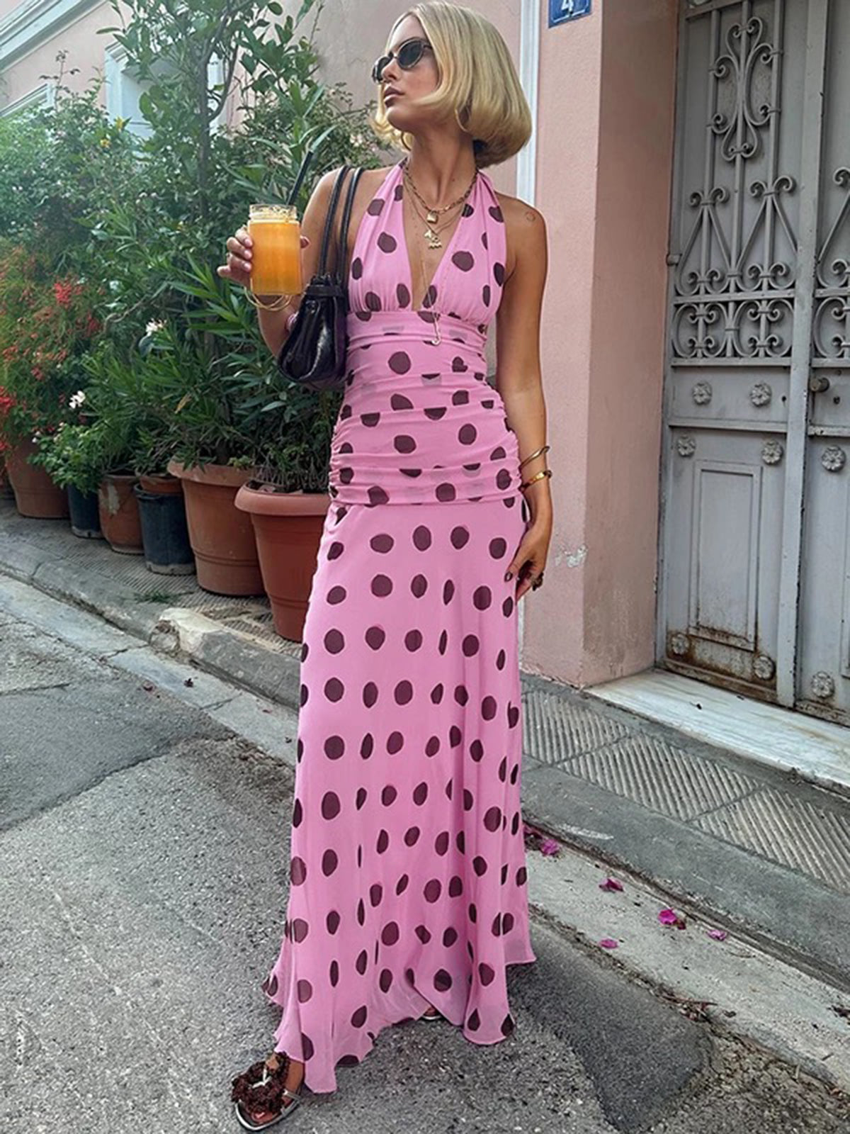 Dolled Office Halter Dot Maxi Dress - Pink
