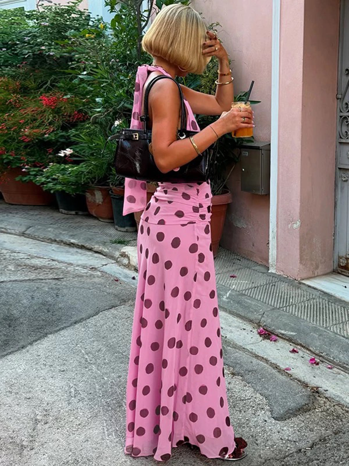 Dolled Office Halter Dot Maxi Dress - Pink