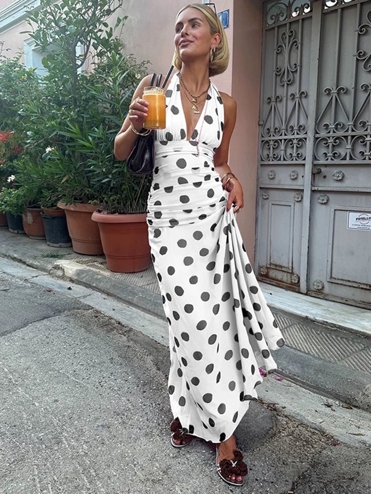 Dolled Office Halter Dot Maxi Dress - White