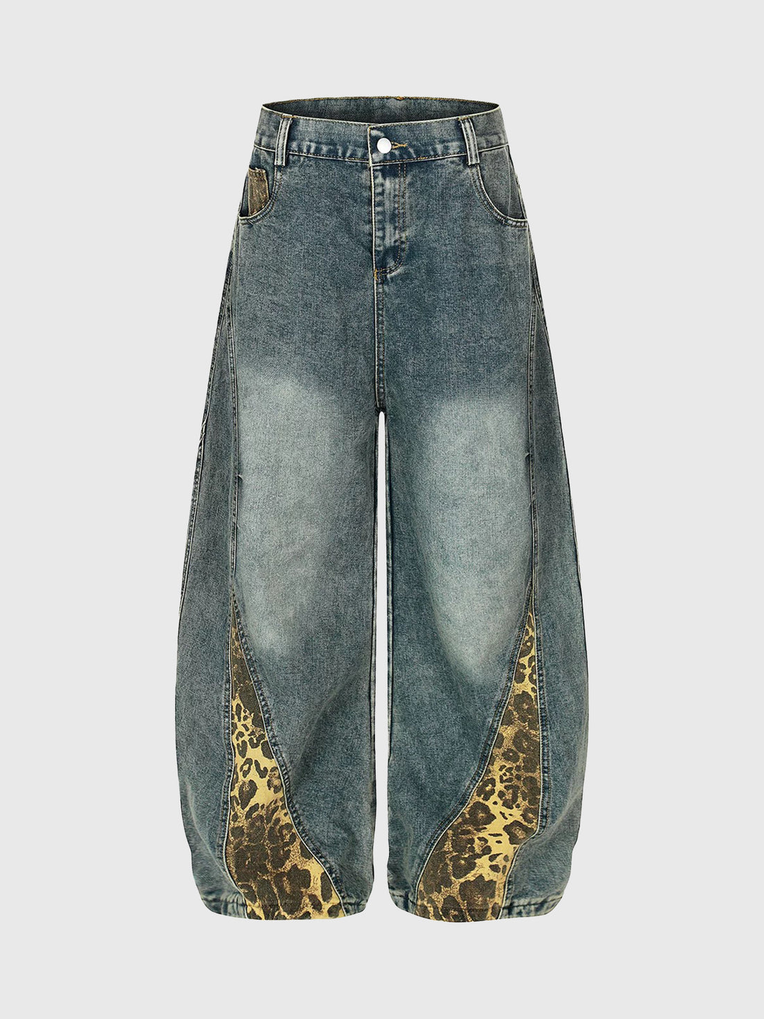 Brick Lane Curved Cut Leopard Jeans - Blue