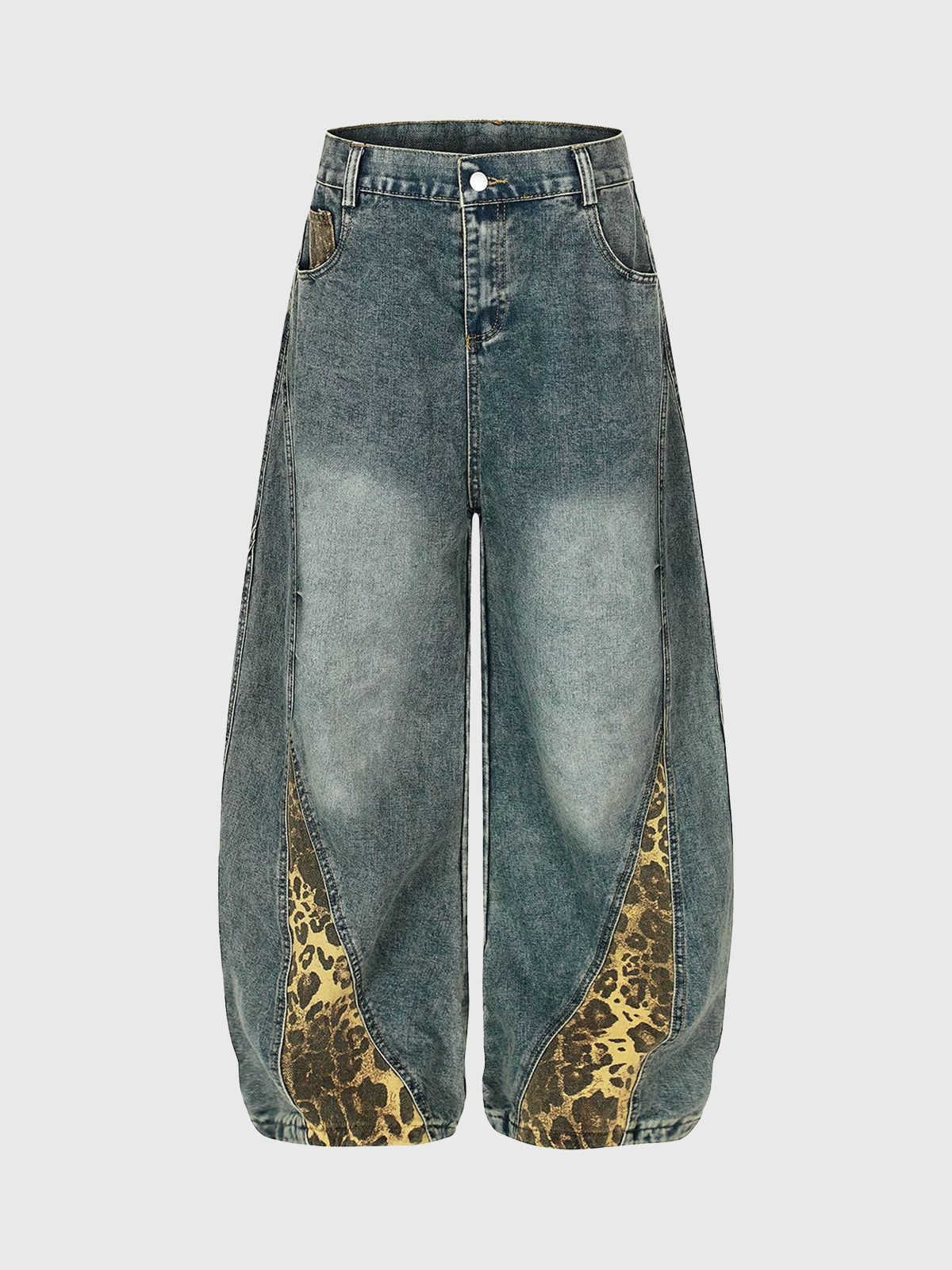 Brick Lane Curved Cut Leopard Jeans - Blue