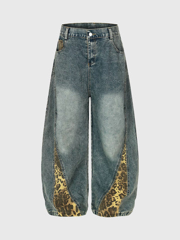 Brick Lane Curved Cut Leopard Jeans - Blue