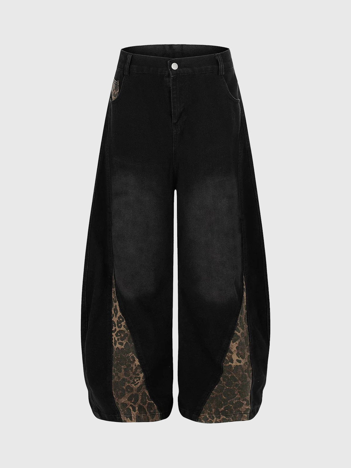 Brick Lane Curved Cut Leopard Jeans - Black