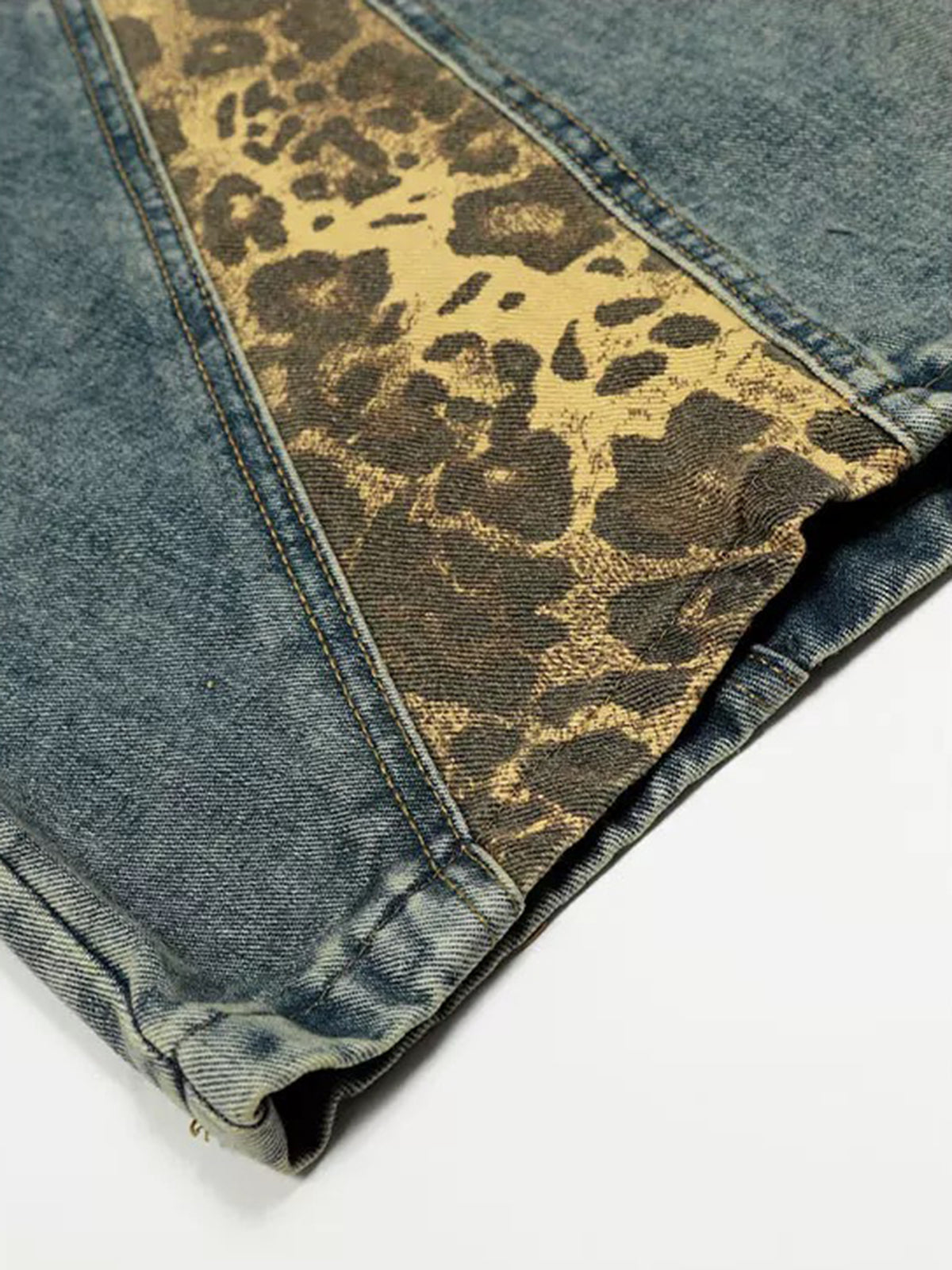 Brick Lane Curved Cut Leopard Jeans - Blue