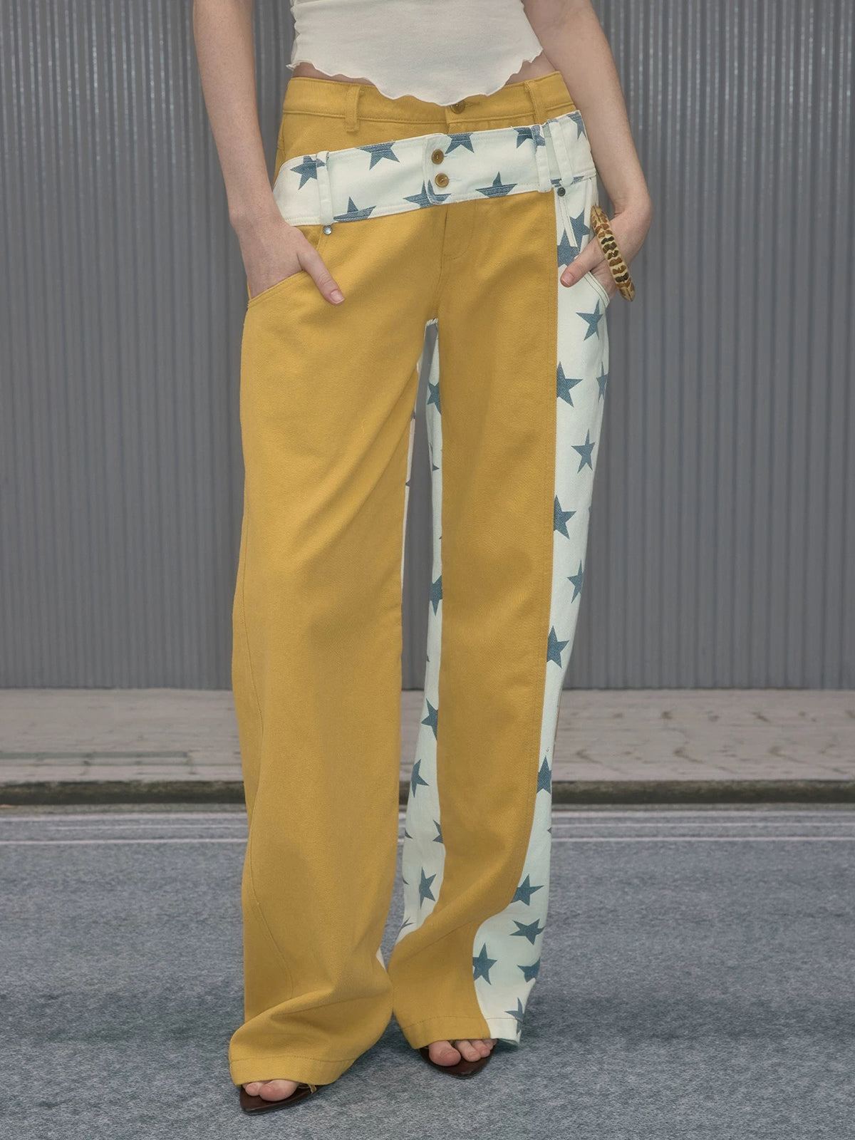 Brick Lane Straight Contrast Color Star Pants - Yellow