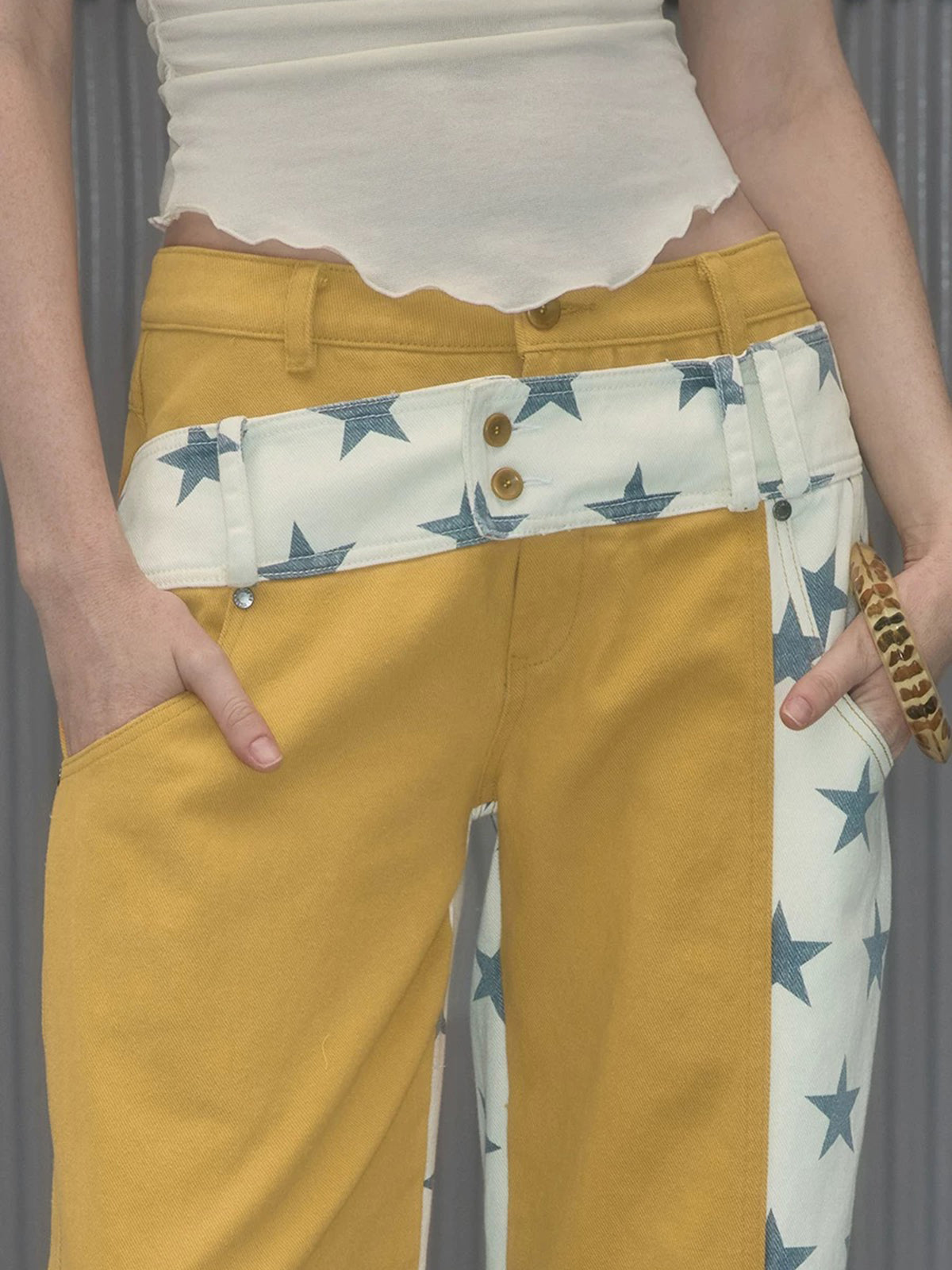 Brick Lane Straight Contrast Color Star Pants - Yellow