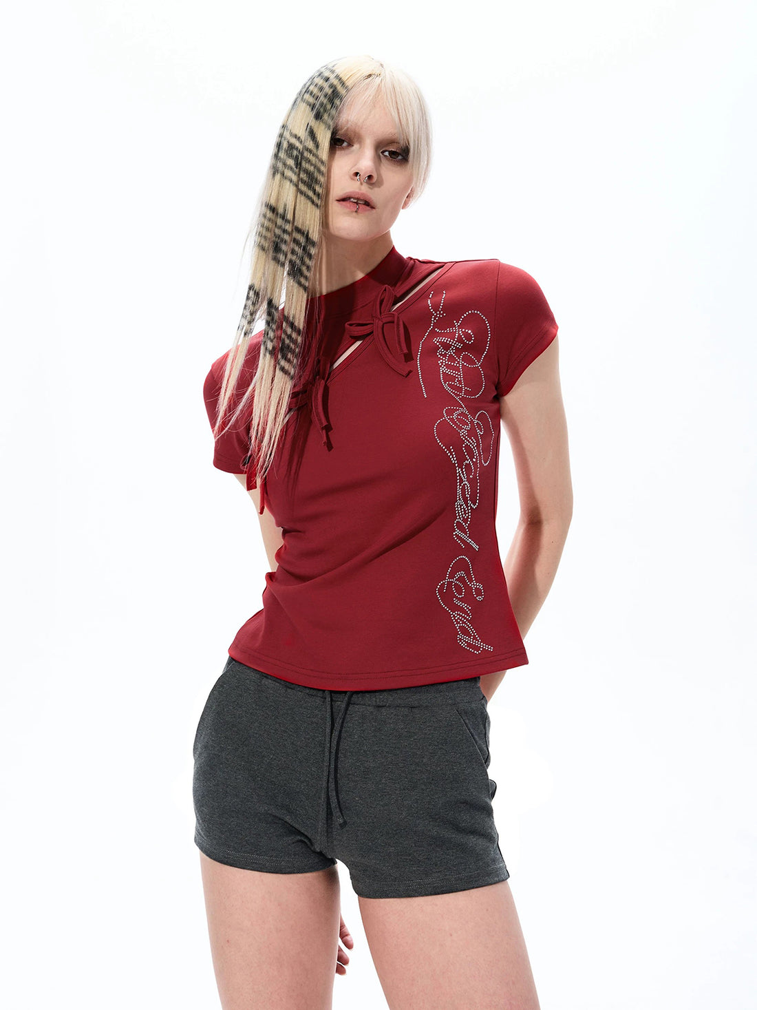 Brick Lane Skimming Rhinestone Cut Out Top - Red