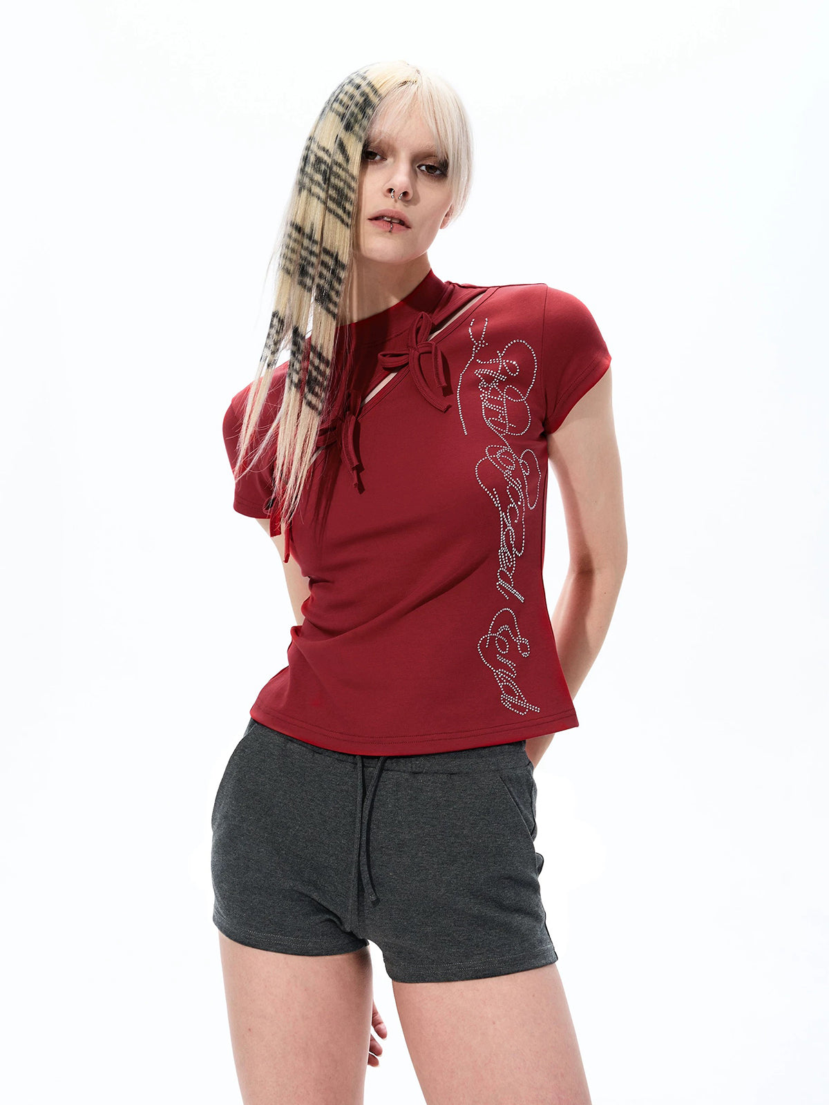 Brick Lane Skimming Rhinestone Cut Out Top - Red