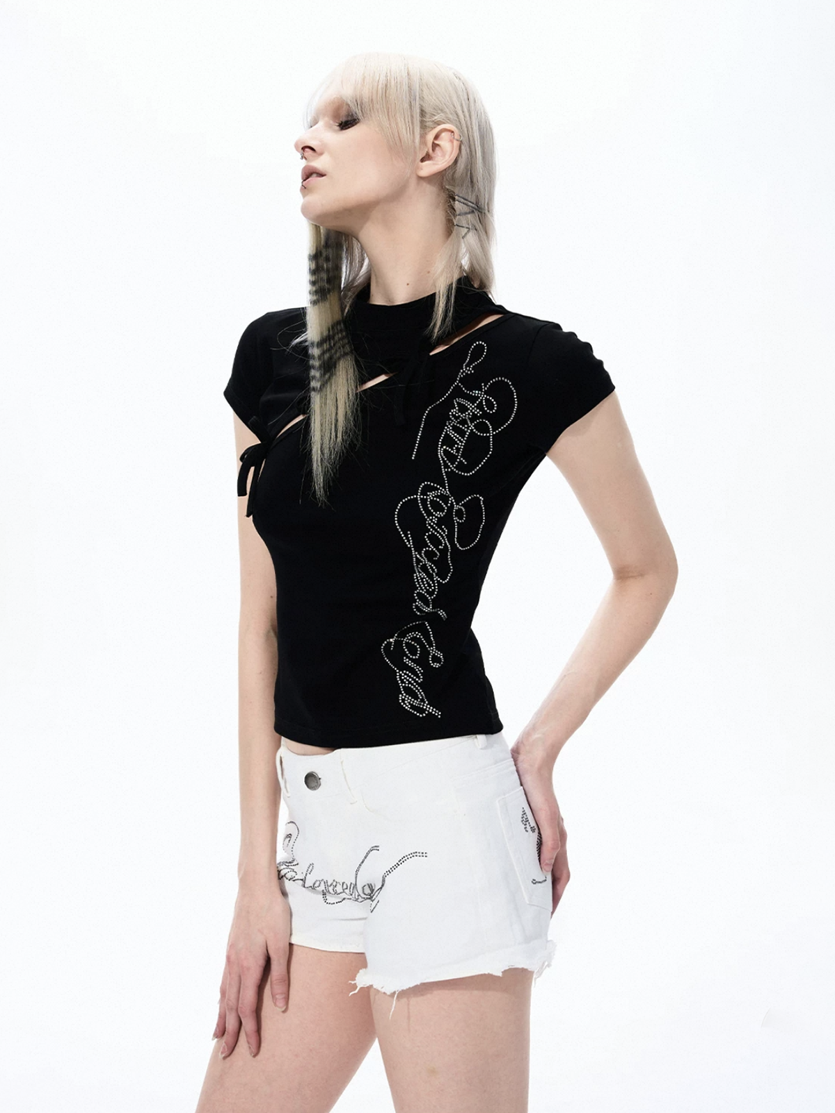 Brick Lane Skimming Rhinestone Cut Out Top - Black