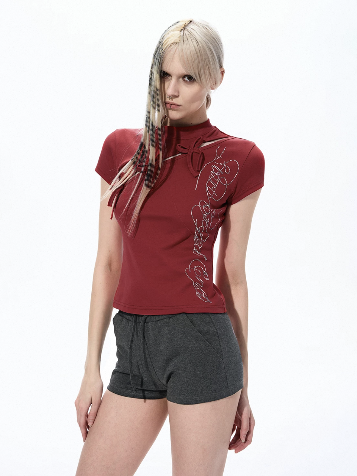 Brick Lane Skimming Rhinestone Cut Out Top - Red