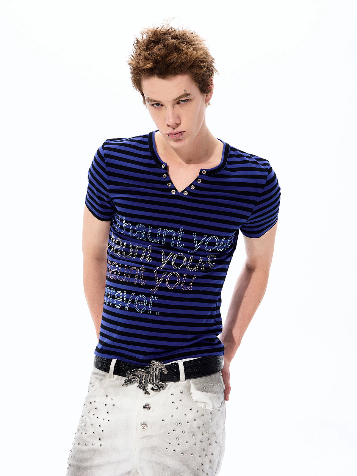 Brick Lane Skimming Rhinestone Stripe T-Shirt - Acid Blue