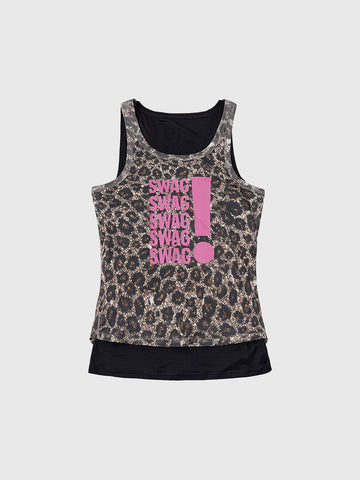 Brick Lane Skimming Contrast Color Leopard Tank Top - Brown