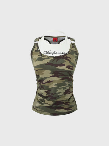 Brick Lane Layered-look Camouflage Tank Top - Green