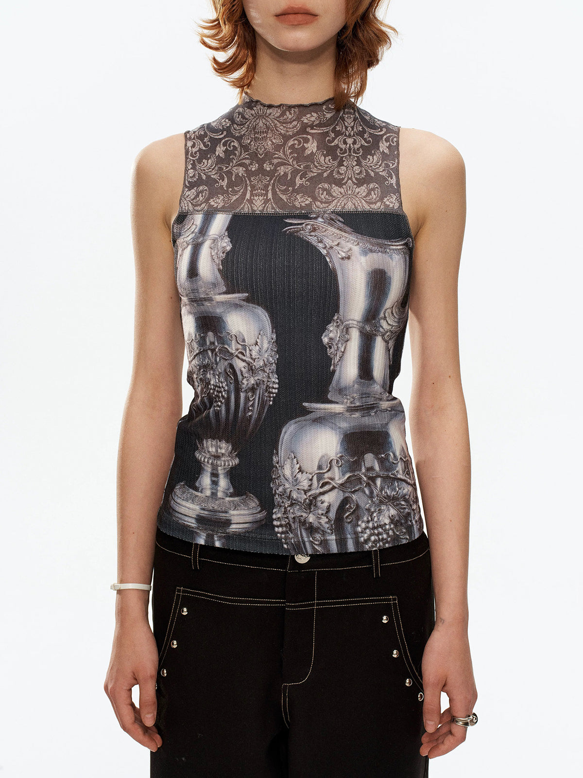 Brick Lane Skimming Mesh Print Tank Top - Black