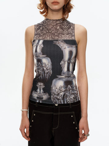 Brick Lane Skimming Mesh Print Tank Top - Black