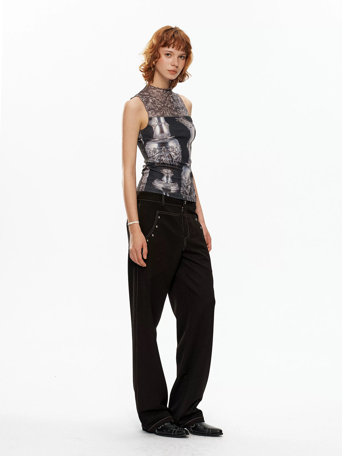 Brick Lane Skimming Mesh Print Tank Top - Black