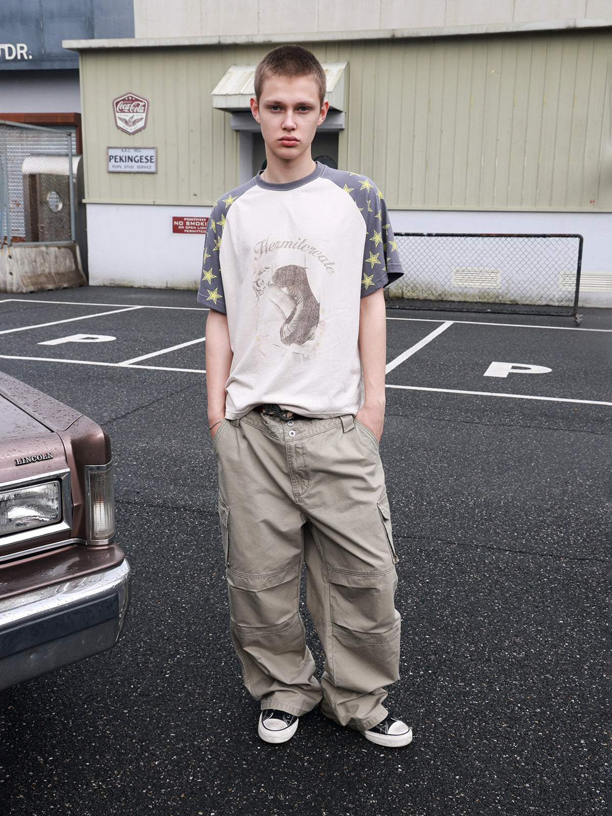 Brick Lane Baggy Contrast Color Star T-Shirt - Pink