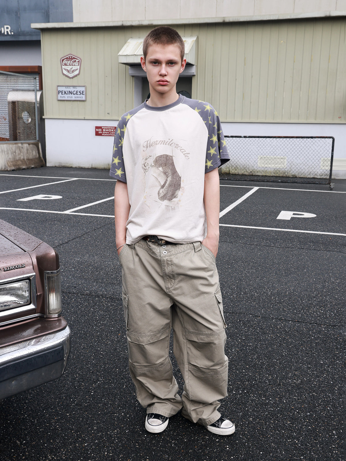 Brick Lane Baggy Contrast Color Star T-Shirt - Pink