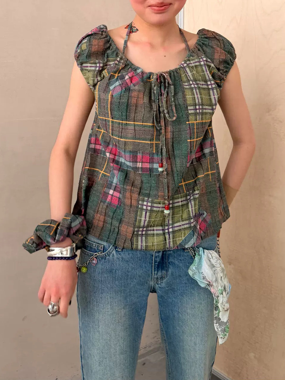 Brick Lane Halter Check Top - Black