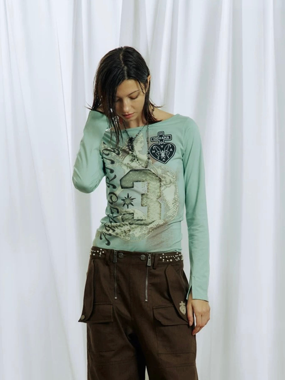 Brick Lane Skimming Graphic Long Sleeve Top - Mint