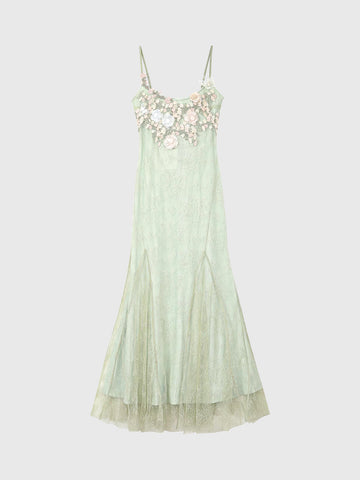 Dolled Office Waist-defining Mesh Flowers Maxi Dress - Mint