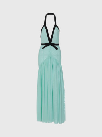 Dolled Office Halter Mesh Bow Maxi Dress - Aqua