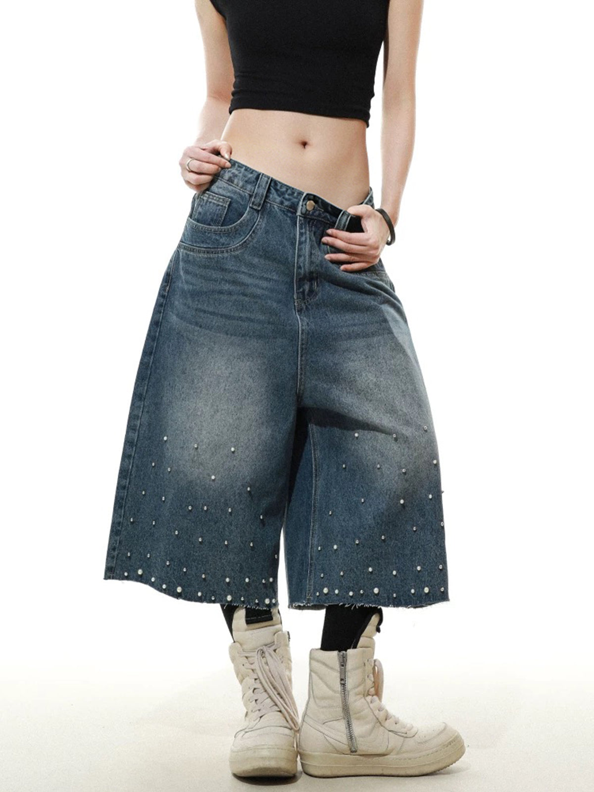 Brick Lane Wide-leg Pearl Jorts - Blue