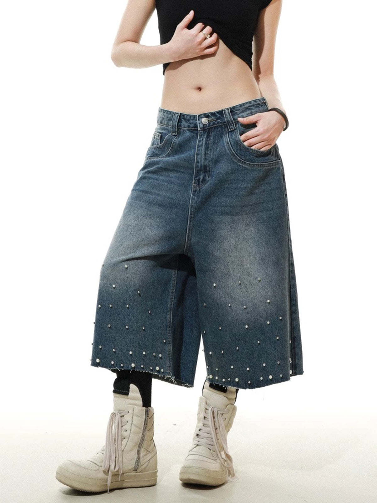 Brick Lane Wide-leg Pearl Jorts - Blue