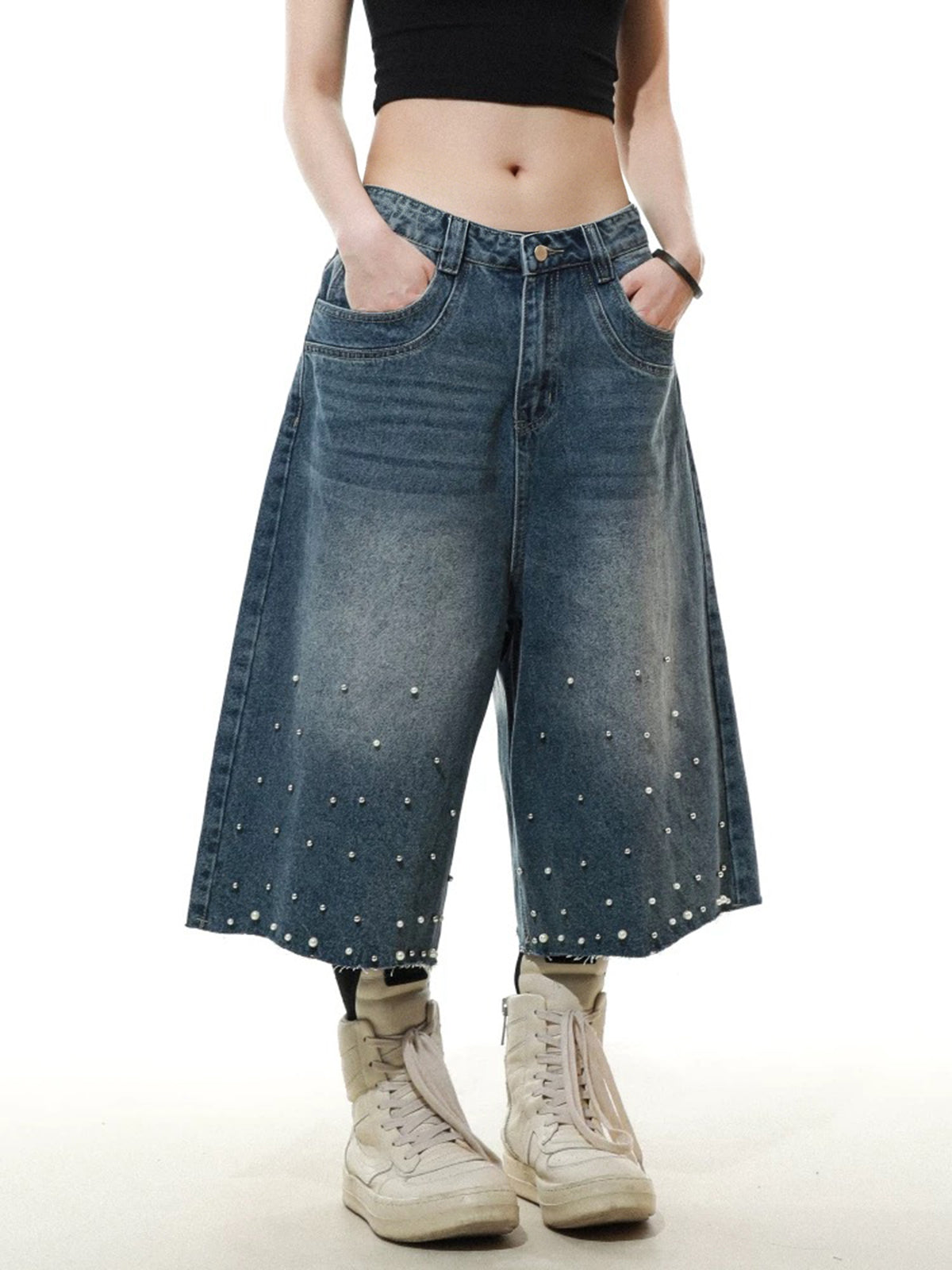 Brick Lane Wide-leg Pearl Jorts - Blue
