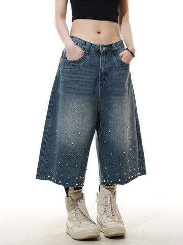 Brick Lane Wide-leg Pearl Jorts - Blue