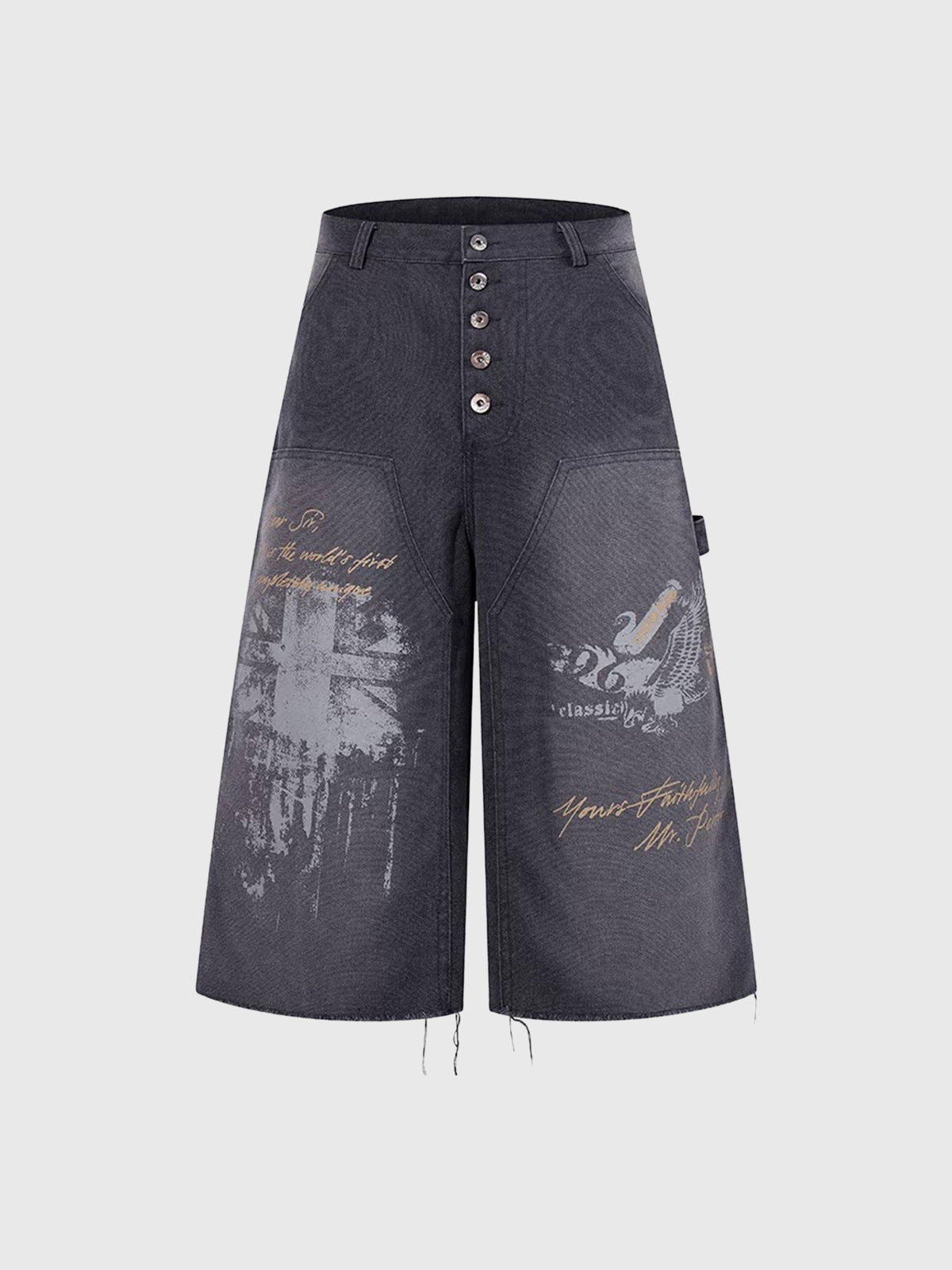 Brick Lane Wide-leg Print Jorts - Grey