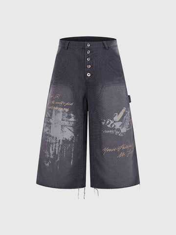 Brick Lane Wide-leg Print Jorts - Grey