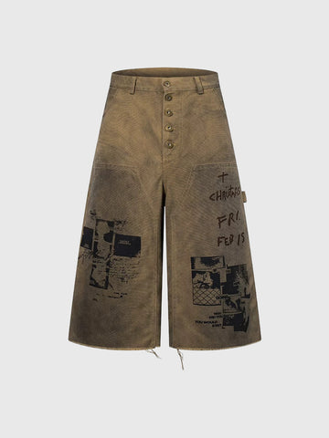 Brick Lane Wide-leg Print Jorts - Brown