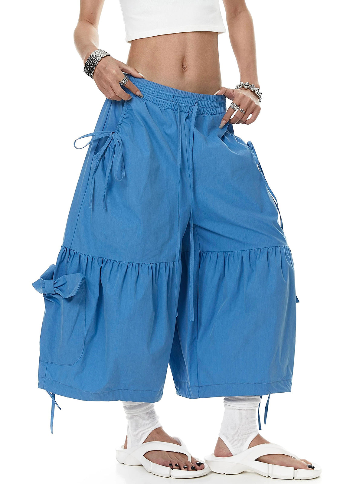 Brick Lane Wide-leg Bow Cargo Pants - Acid Blue