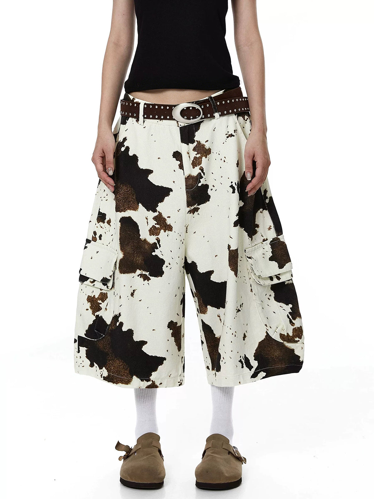 Brick Lane Wide-leg Cow Print Jorts - Brown