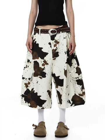 Brick Lane Wide-leg Cow Print Jorts - Brown