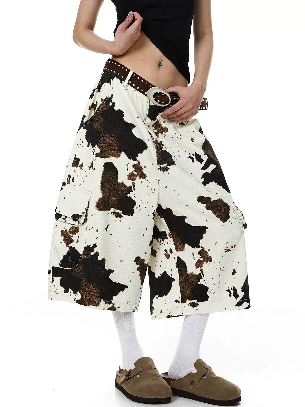 Brick Lane Wide-leg Cow Print Jorts - Brown