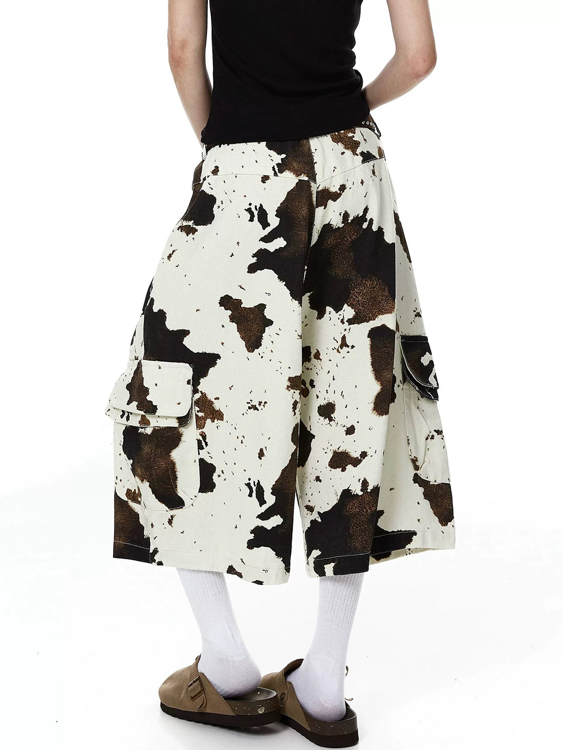 Brick Lane Wide-leg Cow Print Jorts - Brown