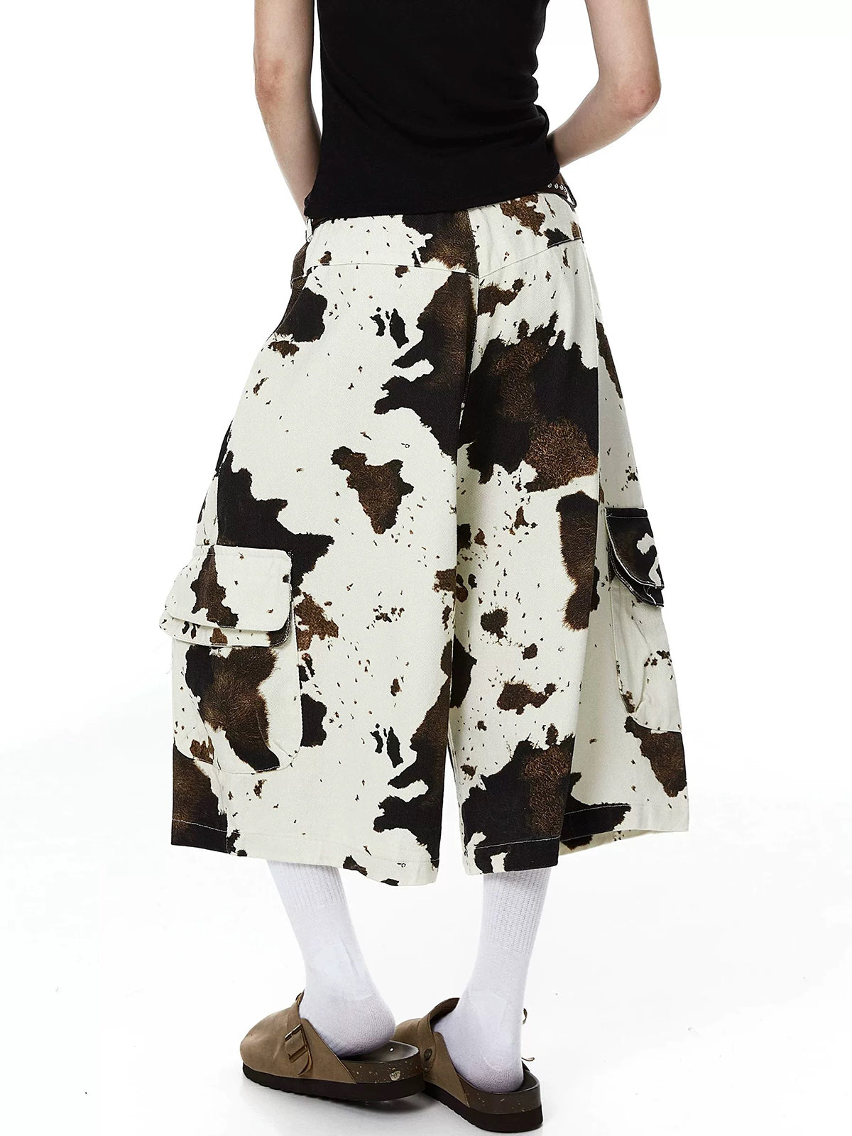 Brick Lane Wide-leg Cow Print Jorts - Brown